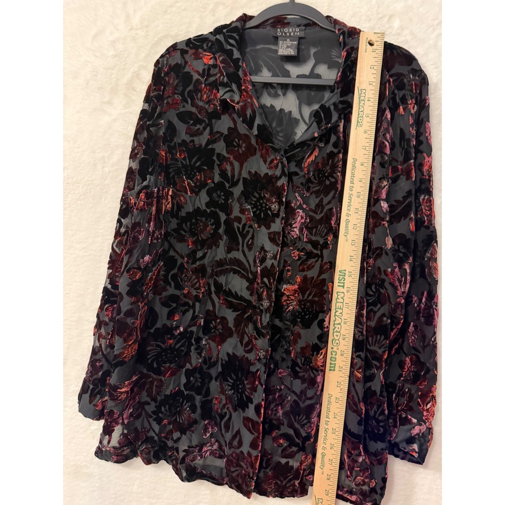 Sigrid Olsen Silk Blend Burnout Velvet Floral Blouse XL Burgundy Black Sheer Top - Picture 4 of 7